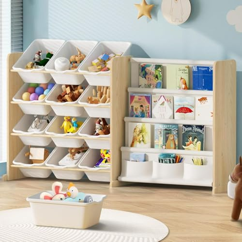 EXPERLAM Kids Toy Storage Organizer - Toy Organizer with Bookshelf, Toy Storage with 12 Toy White Bins and 4 Book Shelves, Toy Organizers and Storage for Playroom, Nursery, Kids Room