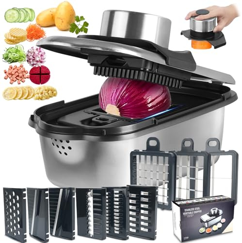 Taglia Verdure Multifunzione, Acciaio Inossidabile Mandolina per Verdure 9 in 1, Mandolina Affettatrice Professionale Frutta Cipolla Patate Cubetti Julienne, Mandolina per Verdure Regolabile