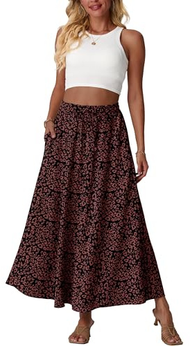 QIXING Women's Long Flowy Maxi Skirt High Waisted Boho Summer A-Line Skirts for Women UK Elasticated Waist with Pockets