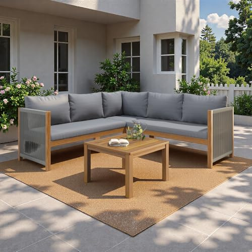 Lekvvied Set giardino esterno per 4-5 persone,divano angolare + tavolino,esterno tavolo da giardino con sedie,struttura in acacia, piano del tavolo in acacia,Grigio
