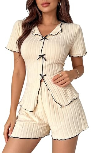 LXEASYGO Women's Pyjamas Sets Short Sleeve Comfortable Pyjamas for Women Front Bow Button Soft Loungewear Nightwear