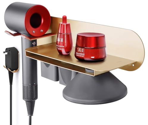 FLE Hair Dryer Holder Wall Mounted with Shelf - Hair Dryer Holder Rack Organizer Compatible for Dyson Supersonic Hair Dryer,Gold