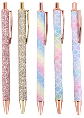 VOMONO Ballpoint Pens, 5Pcs Retractable Pen Black Ink Medium Point (1.0Mm) Click Ball Pens Rose Gold Office Supplies for Men, Women, Students, Business