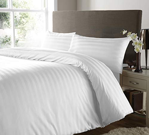 Hanfords Satin Stripe 400 Thread Count 100% Egyptian Cotton Duvet Cover Bedding Set Hotel Quality With Pillowcases 400TC (White, 3pcs, Double)