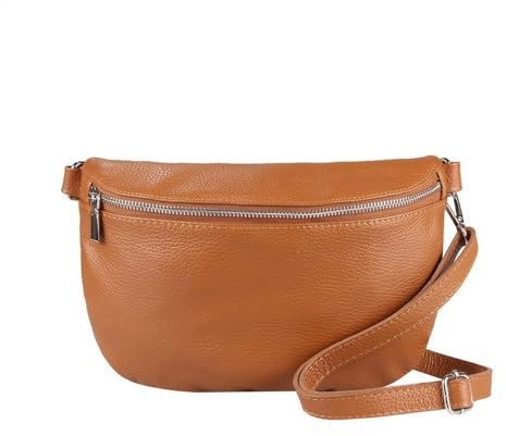 ITALYSHOP24-COM OBC Made in Italy Damen Leder Tasche Gürteltasche Crossbody Hüfttasche Bauchtasche Umhängetasche Cross-Over Bodybag Schultertasche Handytasche Cognac