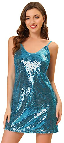 Allegra K Vestido de Fiesta con Purpurina para Mujer, con Correa Ajustable, Mini Vestidos de Lentejuelas Brillantes, Azul, M