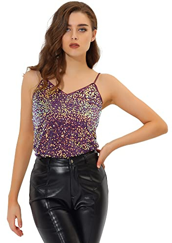 Allegra K Damer paljetttopp glitter topp spaghetti party klubb camisole metallisk festival skjorta topp, violett, L