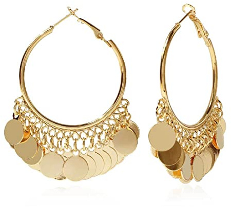 Bohemian Chandelier Tassel Sequins Dangle Drop Earrings Gold Filigree Earrings Coin Disc Hoop Earrings for Women Statement Jewelry, Metal, alloy