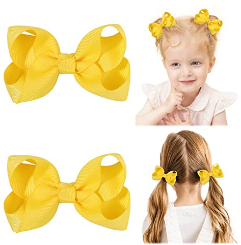 2 lazos para el pelo de 3 pulgadas para niñas, pinzas de cocodrilo, cinta de grogrén de color sólido, accesorios para el cabello para adolescentes y niñas, color amarillo
