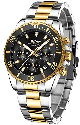 HANPOSH Herrenuhr Militäruhr Stahl Chronograph wasserdicht Leuchtend Design Uhren großes Zifferblatt elegant sportlich Analog Datum, 0163 - Silber - Gold Schwarz, Armband