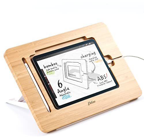 ELETIUO Upgraded Bamboo Wooden Drawing Ipad Holder with Pencil&Charger Cable Slot, Multi-Angle Adjustable Tablet Desktop,Foldable Portable Stand,Compatible with 12.9 inch ipad pro 3rd/4th/ 5th Gen