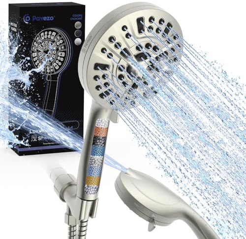 Pavezo® High Pressure Shower Head Handheld 5 Large, 10-mode Portable Detachable Shower Head with Hard Water Filter, Extra Long 60 SS Hose, Anti-clog & Powerful to Clean Tile & Pets, Brushed Nickel