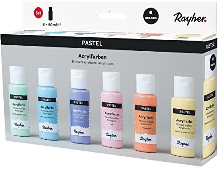 Rayher Acrylfarben-Set Pastell, 6 Farben à 60 ml (lichtgelb, aprikot, rosé, flieder, zartblau, zartgrün), für Einsteiger und Profikünstler, für viele Untergründe geeignet, wasserbasierend, 35061000