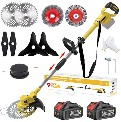 Cordless Grass Trimmer, Cordless Strimmer with 5 Types of Blades and 2 x 4.0Ah Battery, Cutting width 25cm, Telescopic handle, 90° Head pivots, for Lawn Garden Pruning (Yellow)