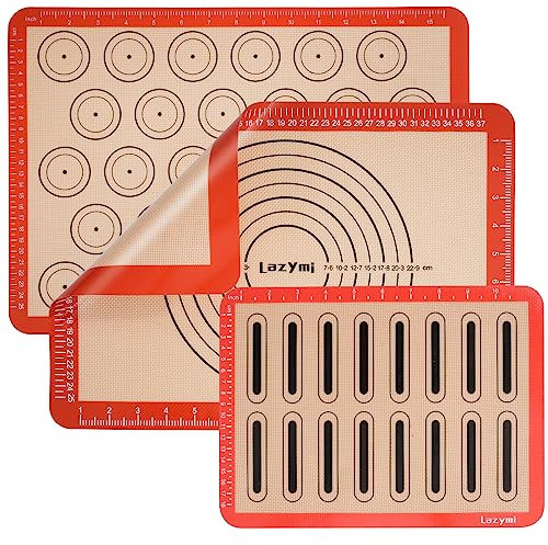 Lazymi Backmatte Silikon mit Messung 3 Stück Set, Antihafte Backunterlage Silikonmatte backen für Macaron/Kuchen/Brot/Pizza Matte/Teigmatte/Ausrollmatte(Rot)