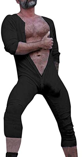 Caxndycing Mono de una pieza para hombre, ropa interior térmica lisa, ropa interior elástica, ropa de dormir de manga larga, camiseta interior con botones, pijama para hombre, pelele, Negro, M