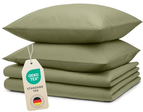 Blumtal Bettwäsche 2X 135x200cm + 2X 40x80cm Kopfkissenbezug - Oeko-TEX zert. Mikrofaser Bettwäsche Set - Mikrofaser Bettbezug - Deckenbezug + Kissenbezug 4-teilig - Bettbezug Light Olive Grün