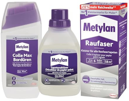 Metylan Raufaser, für Raufasertapete (1x360g) & Metylan Bordüren Klebstoff (1x250g) & Metylan Tapetenablöser Aktiv-Konzentrat, löst schnell und problemlos (1x0,5l)