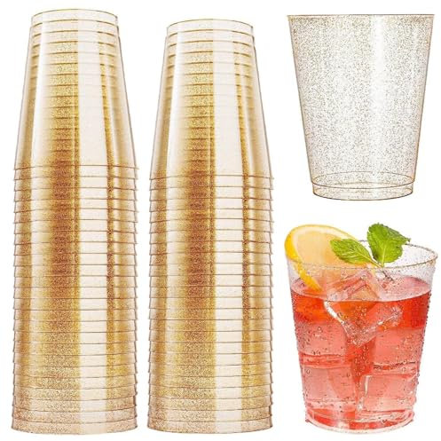 Vasos de Plástico Duro, 50 Piezas, 300ml Con Lentejuelas Doradas - Reutilizables Para Cumpleaños, Bodas, Fiestas, Camping y Picnics