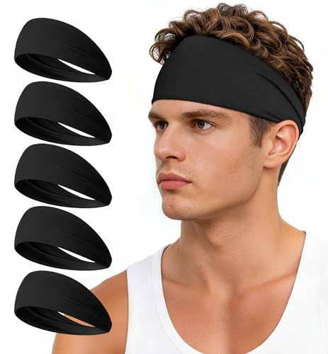HiRui Headbands for Men & Women (5 Pack), Moisture Wicking No‑Slip Sports Headbands for Running, Workout, Yoga, Cycling, Gym, Soft Stretchy Sweatbands & Hair Bands for Everyday Wear