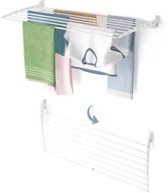 Foxydry Fold, wall mounted clothes airer, folding space saving, 46 in | made of aluminium and stainless steel, folds downward, rustproof, for terraces and balconies, supports 22 lb, white