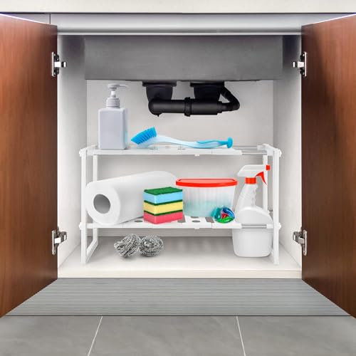 Vivo Technologies Extendable Sink Shelf 2 Tier Adjustable Under Sink Rack, Multi-Purpose Storage Rack Organizer with Stainless Steel Tubes for Kitchen Bathroom,43-73cmx25x38.5cm