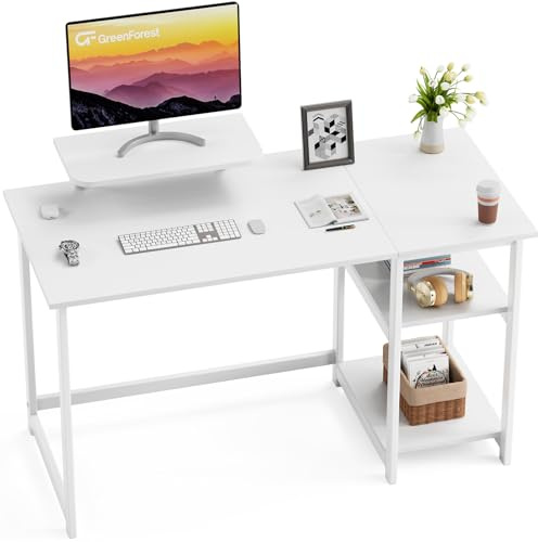 GreenForest Schreibtisch 120cm Mit Stauraum Und Monitorständer, Bürotisch Für Home Office, Reinweiß