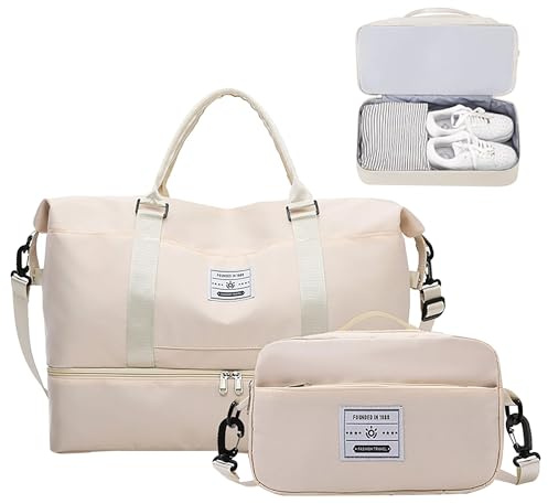 JXCTNNU Reisetasche Handgepäck Tasche Sporttasche Damen Reisetaschen Weekender Bag Wasserdicht Travel Bag mit Schulranzen Schuhfach & Nassfach für Reisen Gym Yoga (Beige)