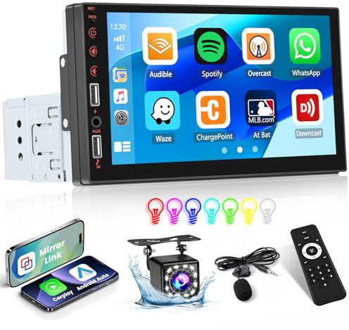 Inefala Radio de Coche 1 DIN con CarPlay y Android Autoradio 7 Pulgadas Pantalla Táctil Autoradio Soporte Bluetooth/Mirror Link/FM/USB/AUX/EQ/Cámara de Respaldo