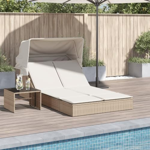 Homgoday Dubbel solstol med tak och kuddar, trädgårdsstol, relaxstol, solstolar för 2 personer, dubbel vinge balkongstol, justerbart ryggstöd för trädgård, terrass, beige, poly rotting
