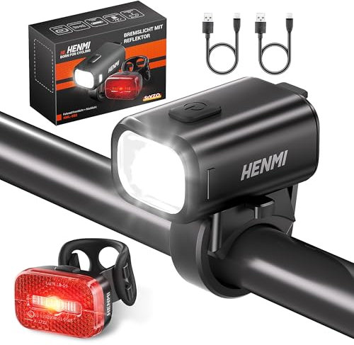 HENMI Fahrradlicht Set,USB Aufladbar Fahrradbeleuchtung Set,Stvzo Zugelassen Fahrradlicht vorne, Fahrrad Rücklicht mit Bremsfunktion und Reflektor, IPX5 Wasserdicht