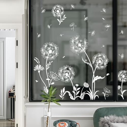 Tanlaby Weiß Fensterbilder Pusteblume Fensteraufkleber Blumen Pflanzen Schmetterling Fenstersticker Frühling Sommer Fenster Aufkleber Anti-Kollision Schlafzimmer Bad Küche Glastüren Fensterdeko