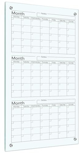 Kritkin Glass Whiteboard Calendar 36 x 18 3 Month Dry Erase Calendar White Board Planner Glass Large Wall Mounted with Marker Tray for Wall Home Office
