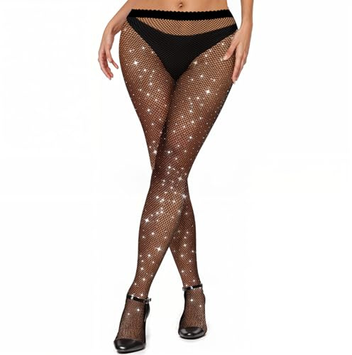Glittrande stora nätstrumpbyxor, glitterstrumpbyxor med strass, nätstrumpbyxor, sexiga strumpor för kvinnor, glitter fisknätsstrumpor för fester, föreställningar, danser, halloween, cosplay