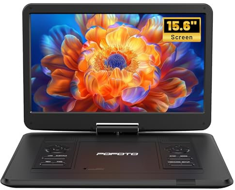 POFOTO 17,5'' Tragbarer DVD-Player mit 15,6'' Drehbarem HD-Display, 6h Akkulaufzeit, Unterstützt Mehrere Formate/SD/USB, Zonenfrei, TV/Projektor-Sync, Stoßfest & Speicherfunktion (Dunkelschwarz)