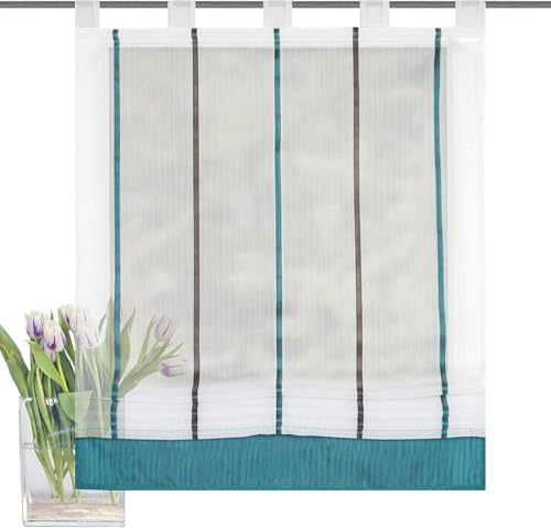 Raffrollo con Passanti Raffgardine Tenda per Finestre in Bianco a Righe Petrol Semitrasparente 1 Pezzo LxA: 100 x 150 cm