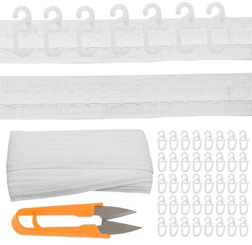 OMJMYY Weiß Gardinenband Kräuselband 30m x 3cm, Vorhangband Gardinenband zum Aufnähen mit 100 Stücke Vorhanghaken, Gardinen Kräuselband, Universalband für Vorhänge Türvorhänge Einrichtungsgegenständen