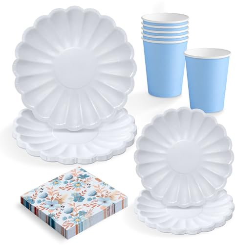 OH YEAH - Set Vajilla Desechable Fiesta 6 Personas - Vasos Cartón 270 cc + Platos Cartón Ø18 y Ø23 cm + Servilletas Papel - Menaje para Cumpleaños y Eventos - FIESTA COLOR FLORAL (Azul)