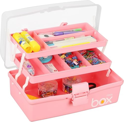 Yekolau 3 Layer Craft Storage Box, Plastic Multipurpose Storage Box with Compartments,Tool Box Arts and Crafts Organiser Box with Handle, for Sewing, Makeup, Nail, Hair Accessories (Pink)