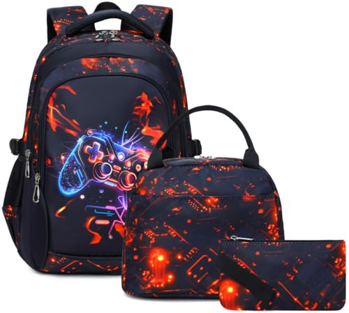 SOMBLG Schulrucksack Jungen Teenager Rucksäcke Kinder Schulranzen Grundschule Mittel Buchtasche Große Wasserfest 18 Zoll Mittagstasche 3 Pcs (3-Cooles Spiel Set)