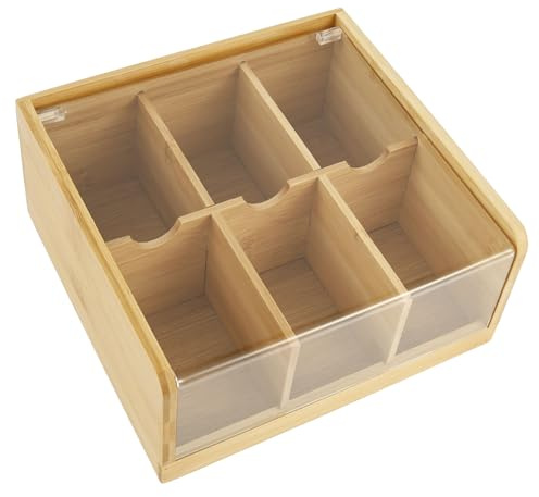 HuhWafee Caja de té, 6 compartimentos, bolsa de té, organizador de bambú, caja de té con ventana, elegante tapa para guardar té protegido del aroma