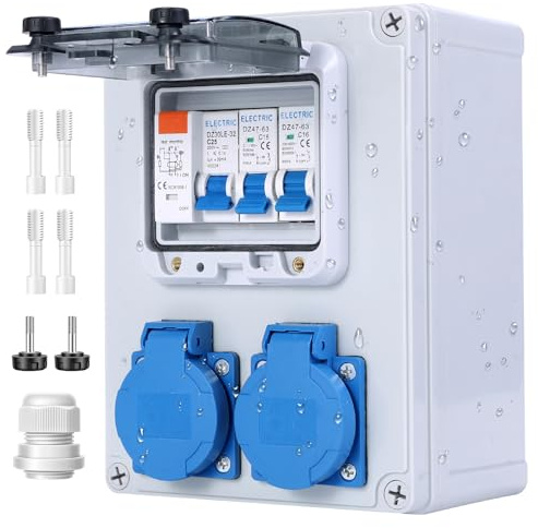 VAYALT Distribuidor de pared precableado, distribuidor de corriente para obras con interruptor FI, 25 A+LS, interruptor de protección 16 A, 2 enchufes Schuko de 230 V, carcasa resistente al agua IP67