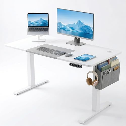 Blisswood Computer Standing Desk, Electric Height Adjustable 120 × 60cm, Sit Stand Office Desk with Memory Smart Panel, Industrial Design PC Gaming Metal Frame Table, Home Writing Workstation_White