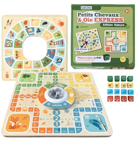 Ludissime Jeu de Petits Chevaux en Bois et Jeu de l’oie 2 en 1 dès 3 Ans | Jeu de société 2 en 1 avec plateau bois recto-verso, petits chevaux, jeu de l’oie express, pions animaux et dé sous bulle