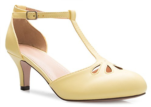 Olivia K Women's Kitten Low Heels T-Strap Pumps - Adorable Vintage Retro Shoes with T Strap - Unique Upper Cut Out Design, Lemon Pu, 5 UK