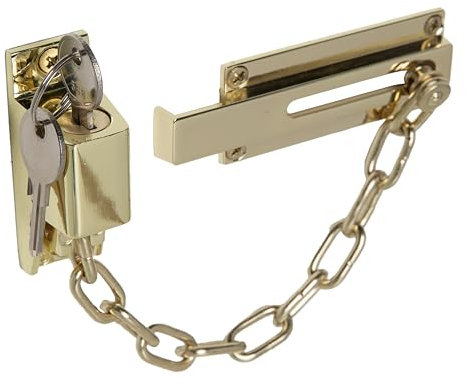 XFORT Chaîne de verrouillage de porte en laiton poli, chaîne de sécurité pour porte avant avec mécanisme de déverrouillage par clé externe.