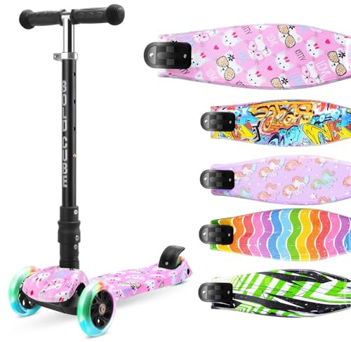 BOLDCUBE Big Fold Kitty Love | Three Wheel Scooter for Children Ages 5-10 Years | LED Wheels with Flashing Lights | Height Adjustable 65 to 89 cm | Rear Reflectors