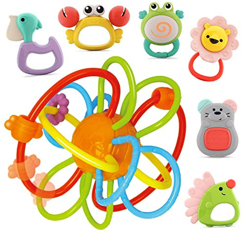 Nene Toys Set von 7 bunten Rasseln und Beißringen für Neugeborene – Sensorik-Spielzeug für Babys von 3-12 Monaten – enthält 1 Premium-Beißring und 6 BPA-freie lustige Tiere