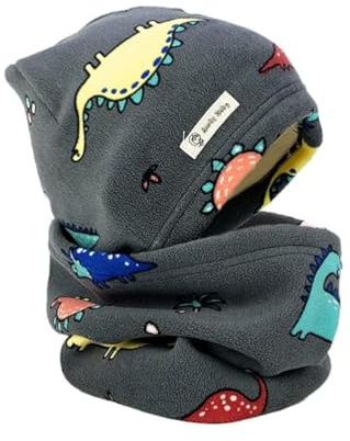 MMXX Baby Boys Winter Beanie Hat Loop Scarf Set Toddler Kids Fleece Warm Hats Neck Warmer Scarves Outdoor Headwear (Gray Dinosaurs, 3-6 Years)