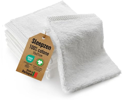 SLEEPZEN - Lot Gant de Toilette Coton Bio (Lot de 6 - Blanc) Certifié GOTS - 500 g/m² Certifié Oeko-Tex - Gants de Toilette Ultra-Absorbant - Extra Doux - Fabriqué au Portugal